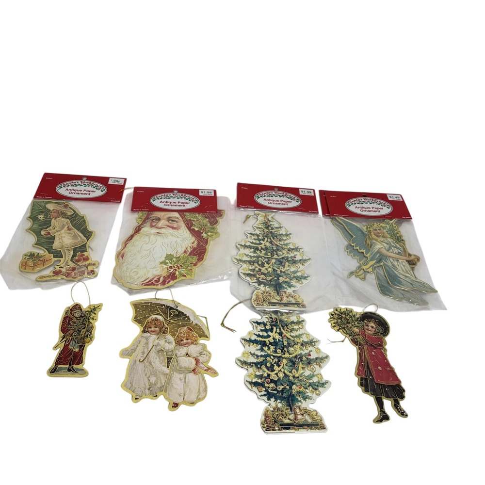 Santa's Workbench Antique Paper Christmas Ornaments Victorian Style Lot of‎ 8